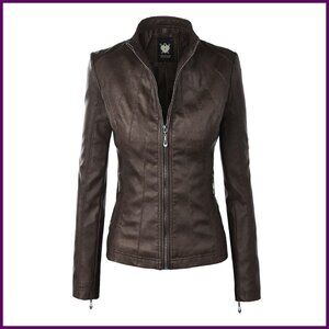 Faux Leather Moto Jacket with Removable Hood, Size Medium